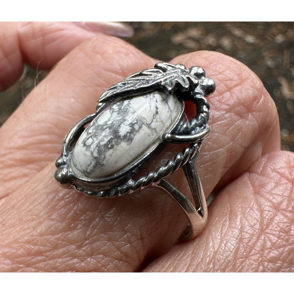 925 Sterling Silver White Buffalo Turquoise Ring Sz 9 Leaf Rope Native Statement